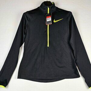 Nike Pro Women's Large Black Top 1/2 Zip Yellow Trim Thumb Holes Activewear NEW